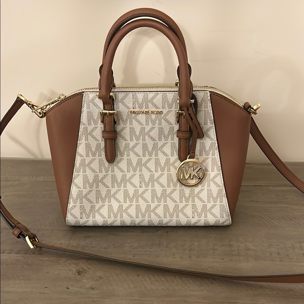 Michael Kors Brown and Cream Satchel with Monogram Pattern